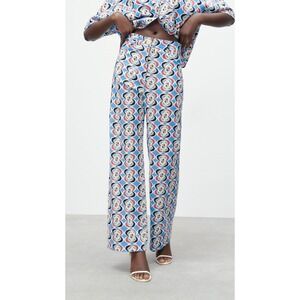 Zara Retro Geometric Floral Print Wide Leg Linen Blend Pants Resort Vacation M